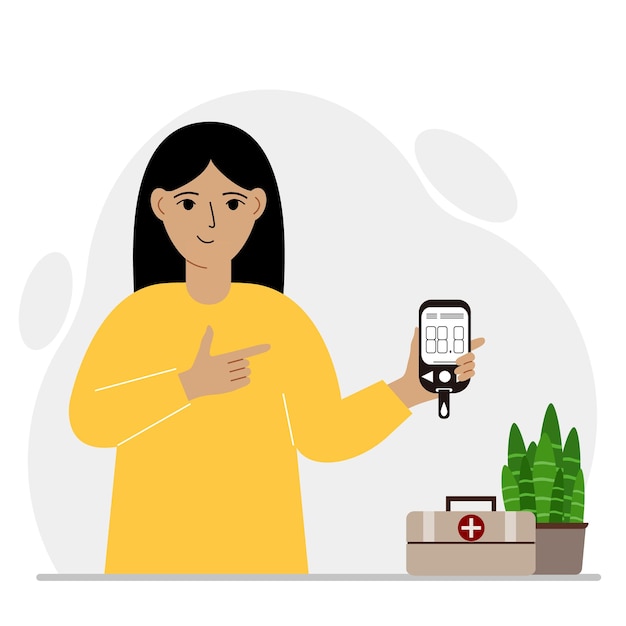 Happy woman holds a glucometer in his hand The concept of blood sugar control diabetic Vector flat illustration