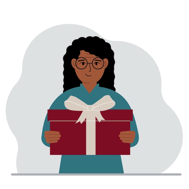 Happy woman holds a large gift box with a bow in his hands Vector flat illustration