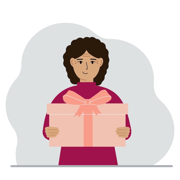 Happy woman holds a large gift box with a bow in his hands Vector