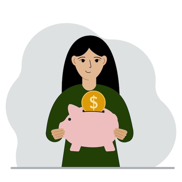 Happy woman holds a piggy bank a coin falls into the piggy bank The concept of saving finance savings investing finances