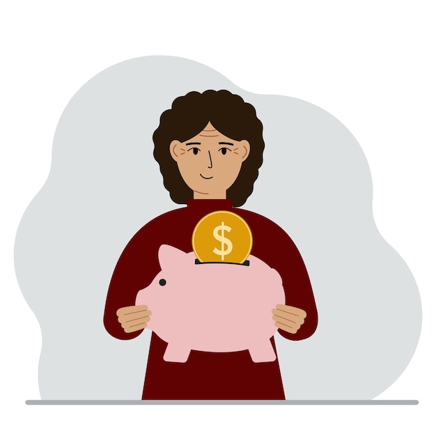 Happy woman holds a piggy bank a coin falls into the piggy bank The concept of saving finance savings investing finances