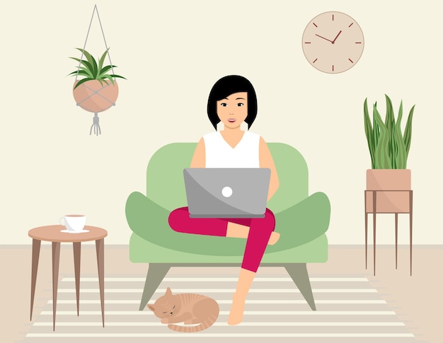 A happy woman is sitting in a chair at home interior with a laptop and cat Flat vector illustration