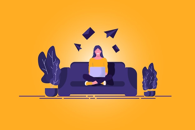 Happy woman is sitting on the sofa with a laptop Modern vector illustration in flat style