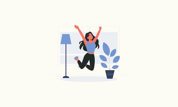 Vector a happy woman jumping joyfully inside a room with plants