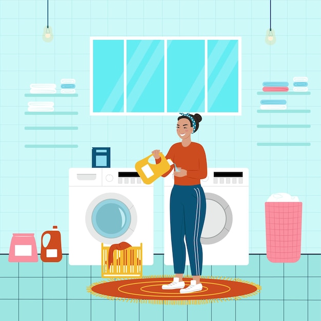 Happy woman laundry. Vector illustration in flat cartoon style.