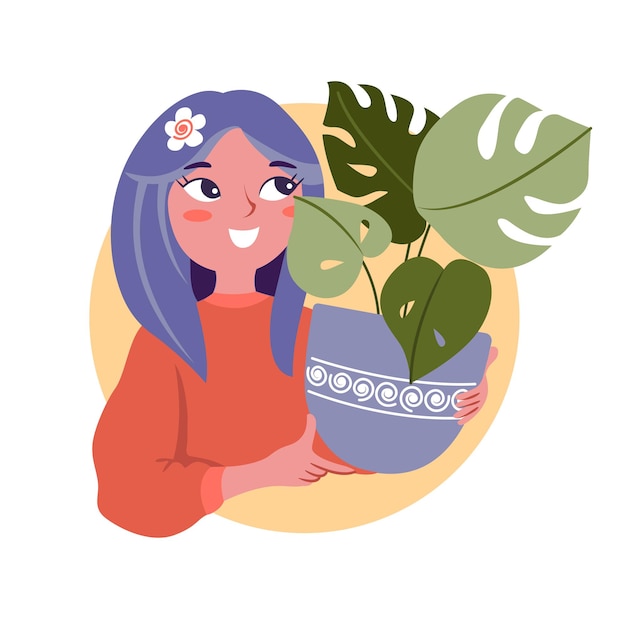 The happy woman loves to hold plant pots The home flowers monstera and magic fairy