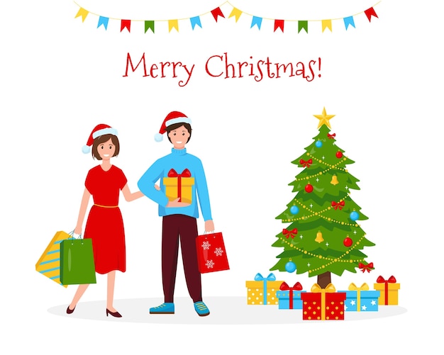 Happy woman and man with christmas gifts near christmas tree on white background.