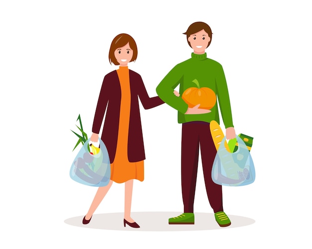 Happy woman and man with shopping bags with food. Shopping concept.