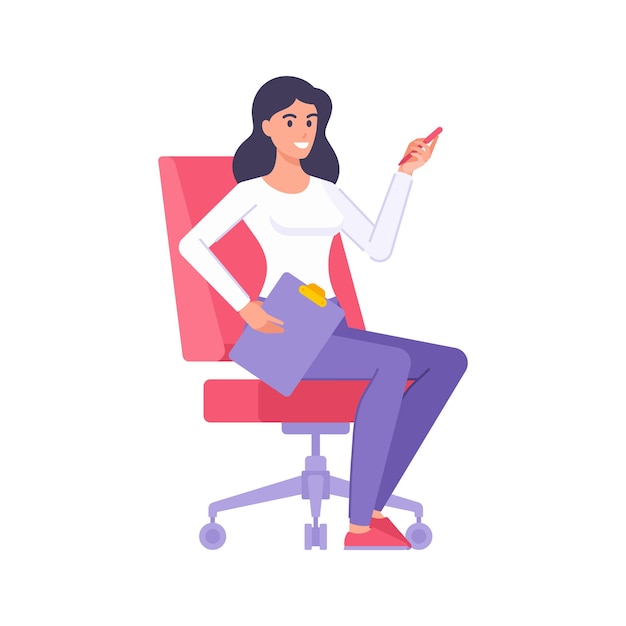 Happy woman office worker sitting armchair with clipboard and pen enjoying working vector flat