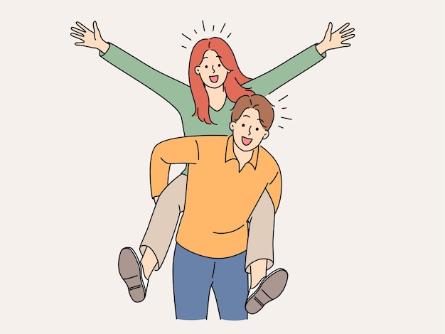 Happy woman piggyback smiling man