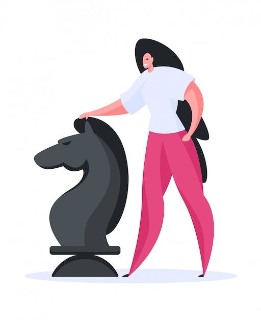 Happy woman playing chess game. Flat  illustration