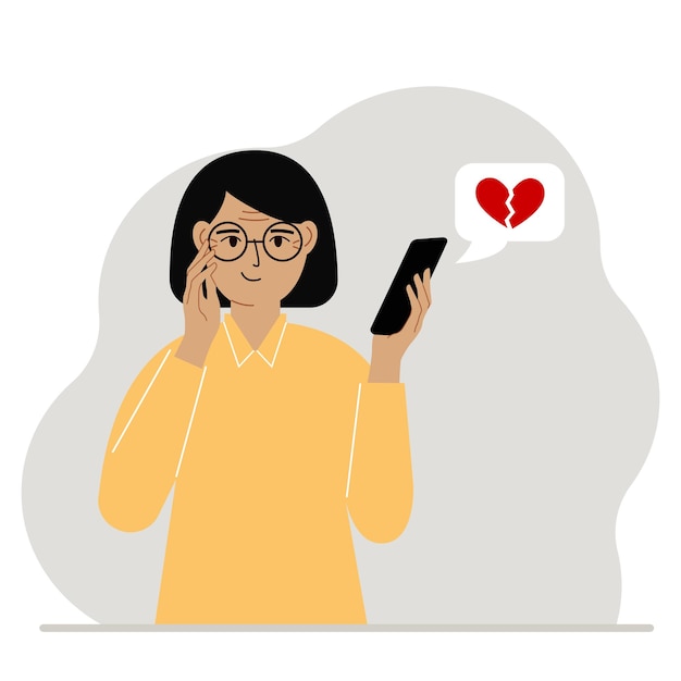 Happy woman reading a message on his mobile phone Message with a broken red heart Vector flat illustration