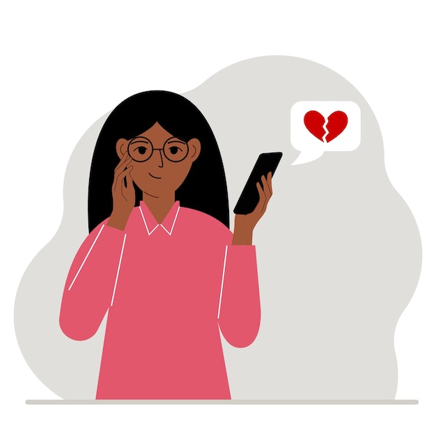 Happy woman reading a message on his mobile phone Message with a broken red heart Vector