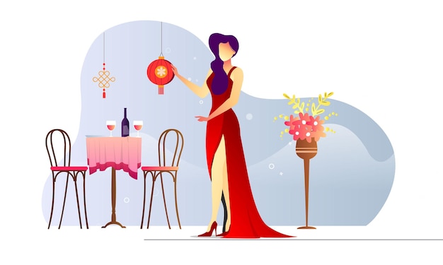 Happy Woman in Red Gown Chinese  Lampion Illustration Background