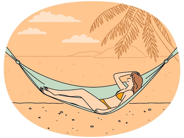 Vector happy woman relax in hammock on beach