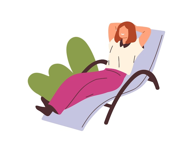 Happy woman relaxing, lying on chaise longue. Female employee chilling on deck chair at break. Relaxation of office worker lounging, resting. Flat vector illustration isolated on white background