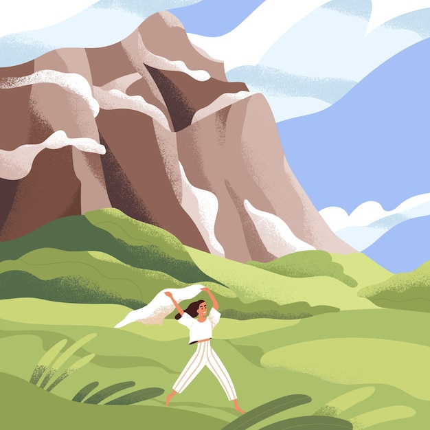 Happy woman running in solitude in nature. Person walking outdoors with summer wind. Landscape with female in field with mountain cliff. Serenity and inspiration concept. Flat vector illustration.