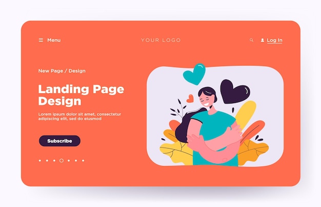 Happy woman self hugging landing page