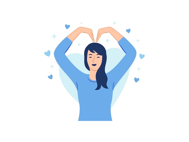 Happy woman showing heart love sign shape symbol with hands gesture above her head