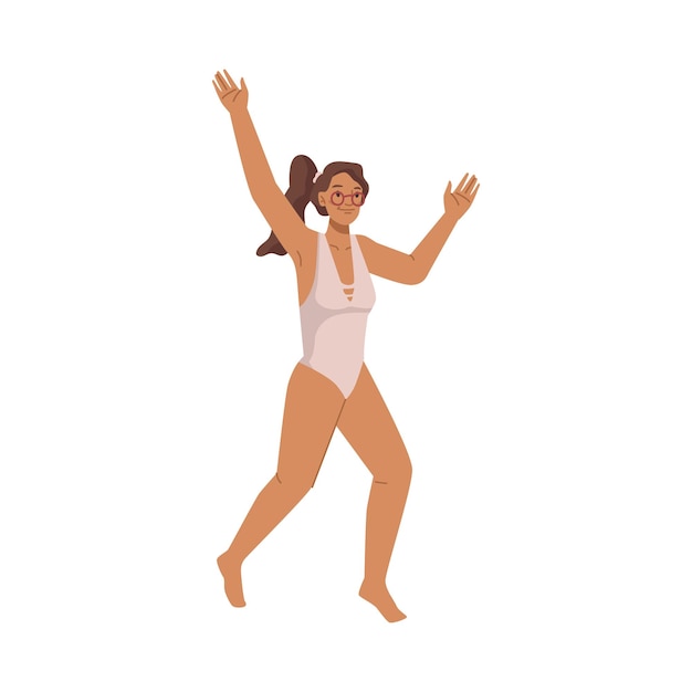 Happy woman in swimsuit jumping person in swimwear