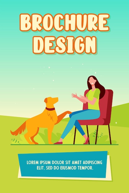 Happy woman training dog and sitting on chair brochure template