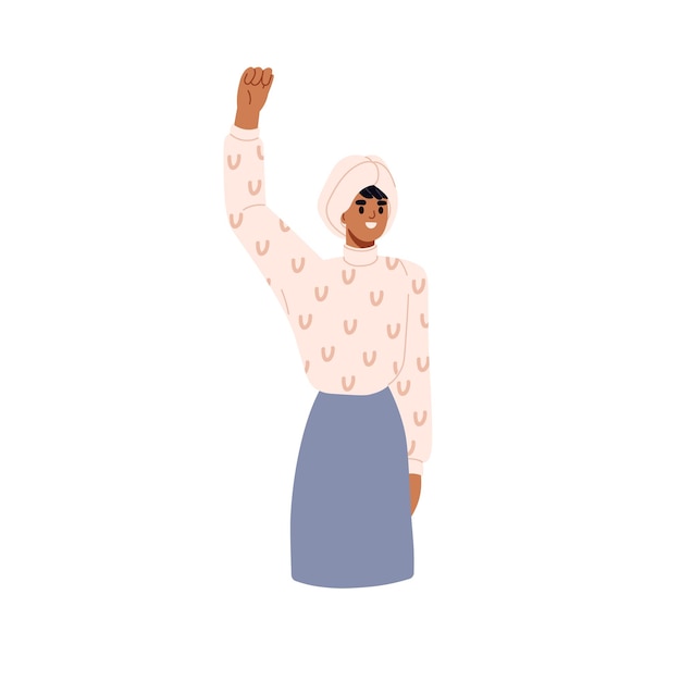 Happy woman in turban with fist raised up Strong female and solidarity with girls power rights Muslim feminist in chemo supporting justice Flat vector illustration isolated on white background