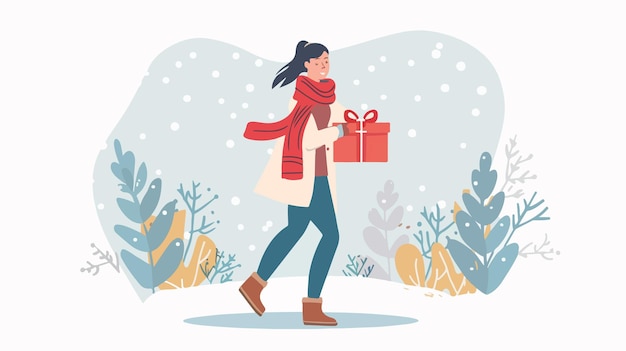 Happy Woman Walking with Holiday Gift Box