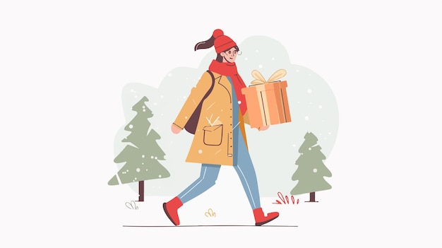 Happy Woman Walking with Holiday Gift Box