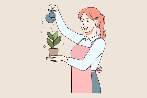 Happy woman watering plant