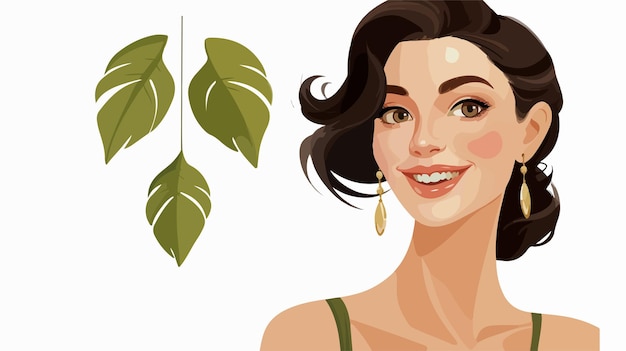 Vector happy woman wearing leaf earrings cartoon vector illustration