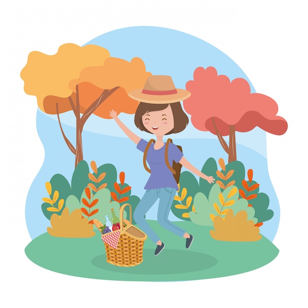 Happy woman with basket food picnic nature landscape