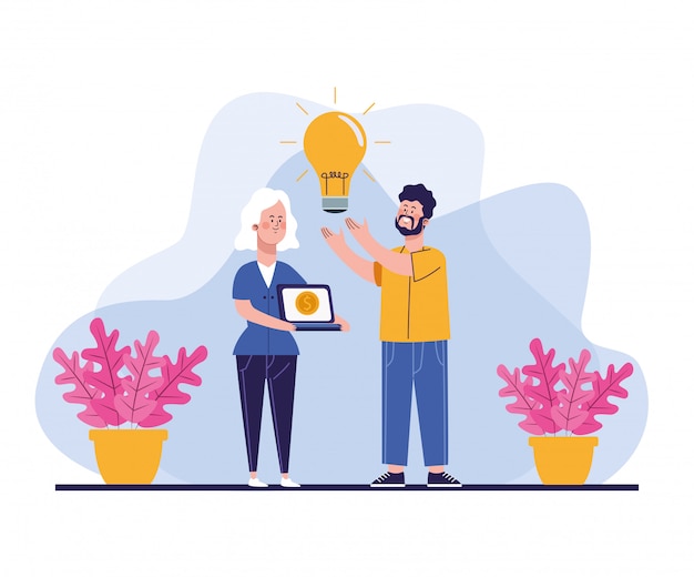 Happy woman with laptop computer and man with big bulb and plants around