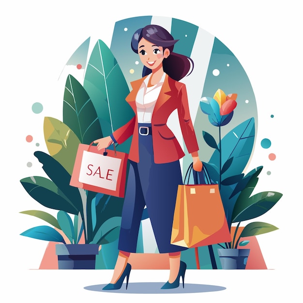 Vector happy woman with shopping bags in front of green plants