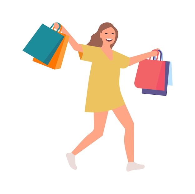 Happy woman with shopping bags. Girl going from big sale