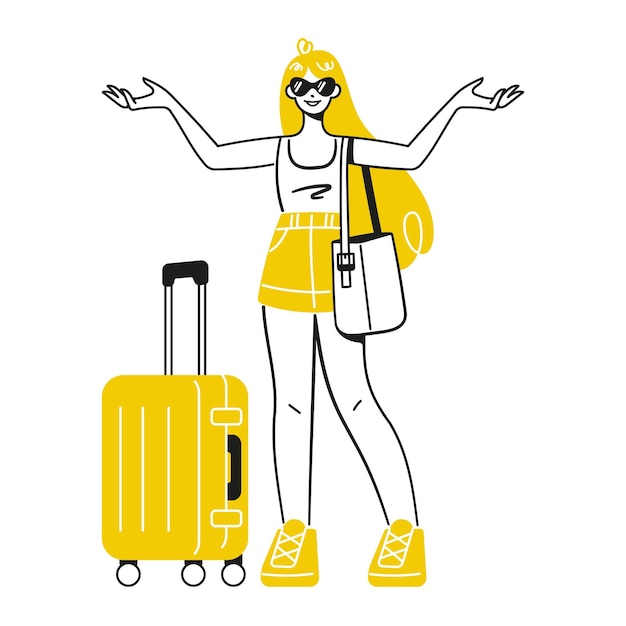 Happy woman with travel bags suitcases for vacation trip Girl in sunglasses