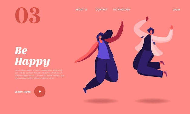 Happy Women Jumping Landing Page Template. Young Joyful Female Characters Jump or Dancing with Raised Hands. Happiness, Freedom, Motion and Motivational Concept. Cartoon People Vector Illustration