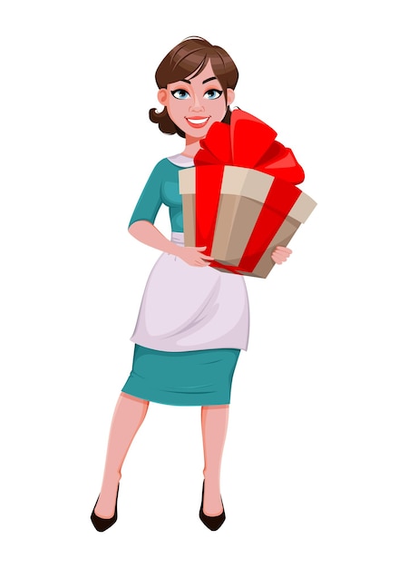 Happy Women's day. Beautiful woman in apron holding big gift box