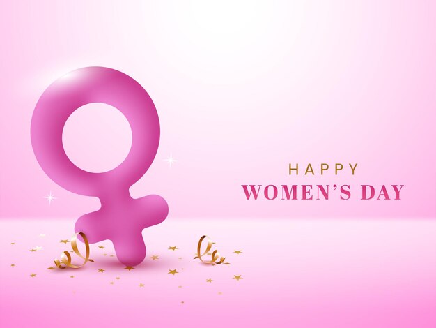 Vector happy women's day concept with 3d render of pink venus symbol golden curl ribbons on glowing background