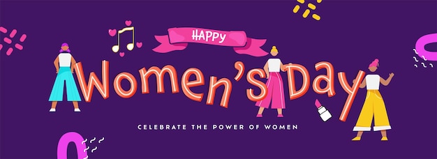 Happy Women's Day Concept With Faceless Fashionable Young Women Characters On Purple Background