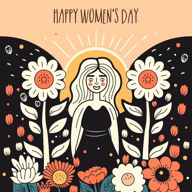 Happy Women's Day Concept With Modern Young Girl Character On Sun Floral Background