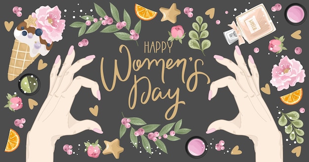 Happy Women's Day greeting   with hand drawn flowers background