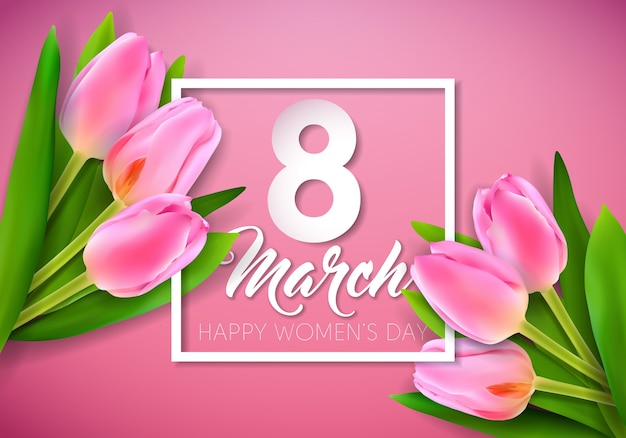 Happy Women's Day Illustration with Tulip Bouquet and 8 March Typography Letter