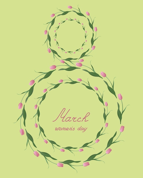 Happy women's day March 8 The number eight is composed of buds of pink tulips Yellow background