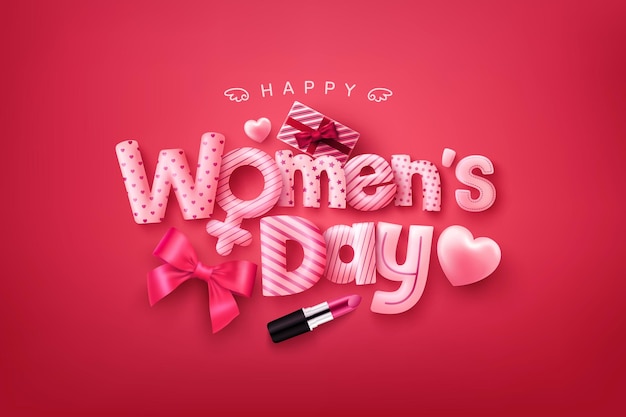 Happy Women's Day Poster or banner with cute font,sweet hearts and gift box on red background.