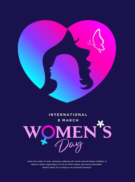 Happy Women's day poster flyer design women face on colorful heart butterfly concept design