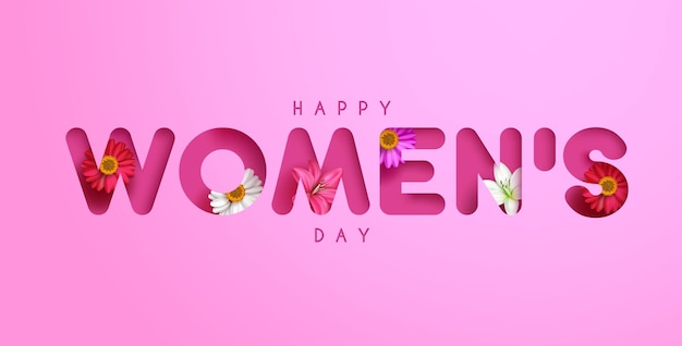 Happy women's day text vector design. Women's day greeting card in elegant typography and flower