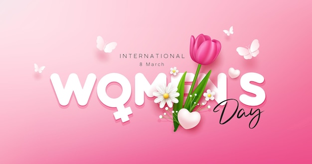 Happy women's day with tulip flowers and butterfly banner design on pink background, EPS10 Vector