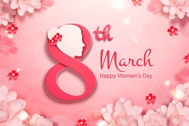 Happy women's day with woman's head and pink paper flowers frame