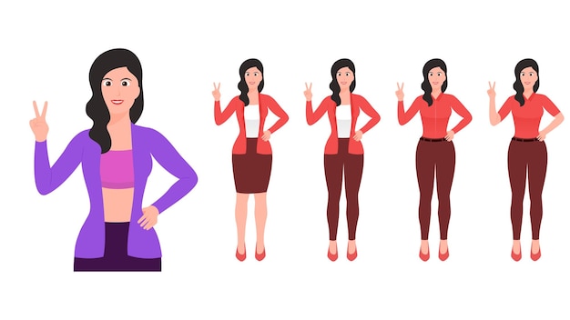 Happy women shows gesture of victory by hand and other hand on waist flat hand gesture vector