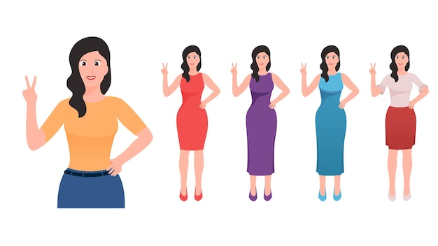 Happy women shows gesture of victory by hand and other hand on waist flat hand gesture vector